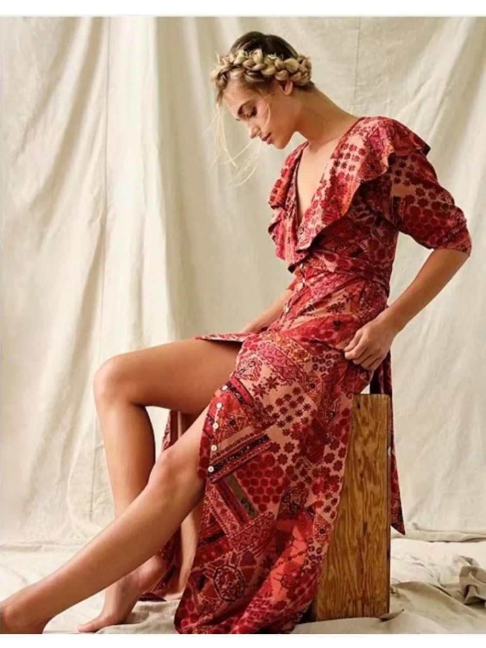 Free People Lennon Dress Maxi Primrose Viscose Combo Boho Ruffle